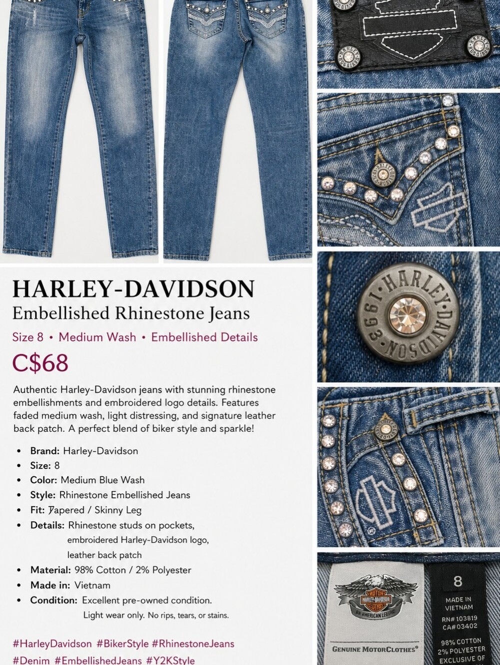 Harley-Davidson Blue Denim Jean Button Detail with Gold Accent
